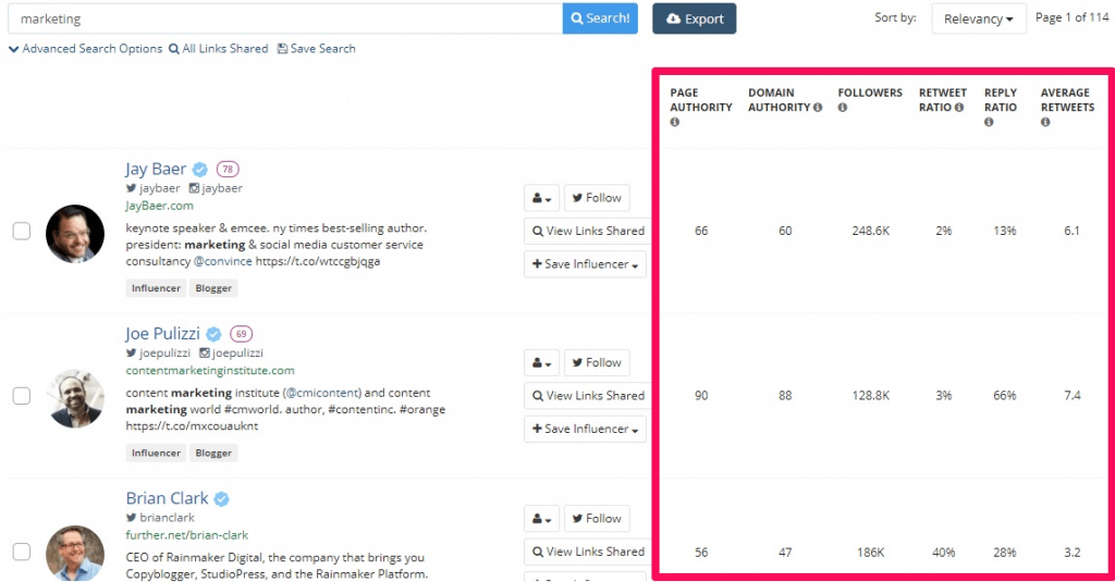 With Buzzsumo, you can find influencers in your specific industry by searching for a topic or domain in the search bar. 