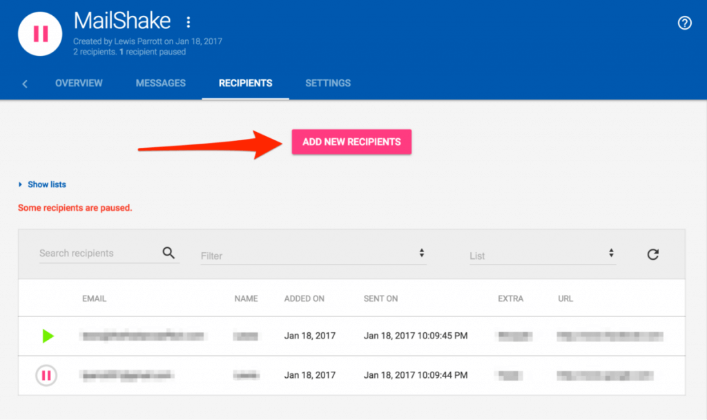 Mailshake easily lets you add in new emails to the same campaign after you launch it, or add new recipients. 