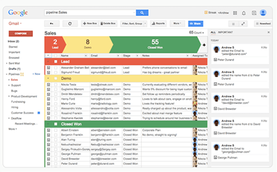 Screenshot of Streak used with Gmail